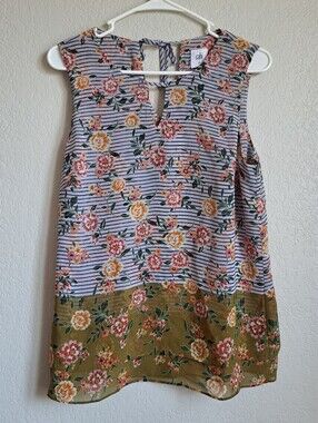Cabi Penelope Flora Striped Tank Top Chiffon Floral Size Medium
